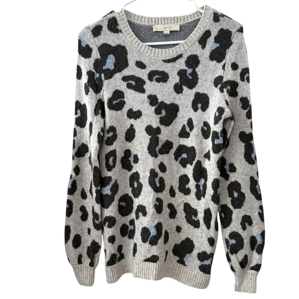LOFT XS Gray Black Blue Leopard Print Crewneck Sweater Wool Blend Long Sleeve
